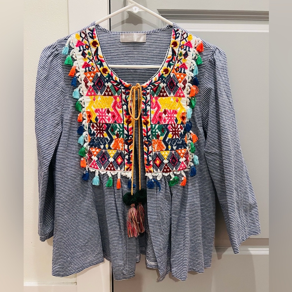 Striped Multicolor Embroidered Women's Top